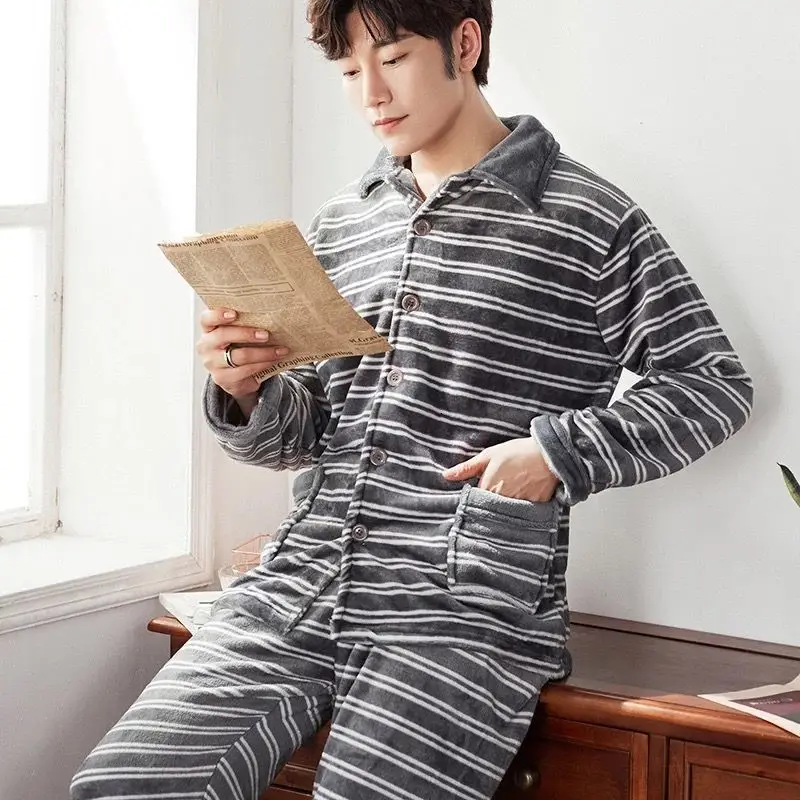 men pajama winterr Мужской пижамный комплект осень зима теплая фланелевая утолщенная Коралловая флисовая пижама с длинным рукавом Повседневная одежда для сна Топ и штаны для отдыха - Цвет: men pajama winterr