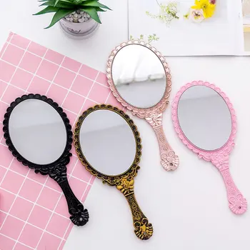 

Vintage Handhold Makeup Mirror Pink Repousse Floral Oval Round Cosmetic Hand Held Mirror With Handle For Ladies Beauty Dresser