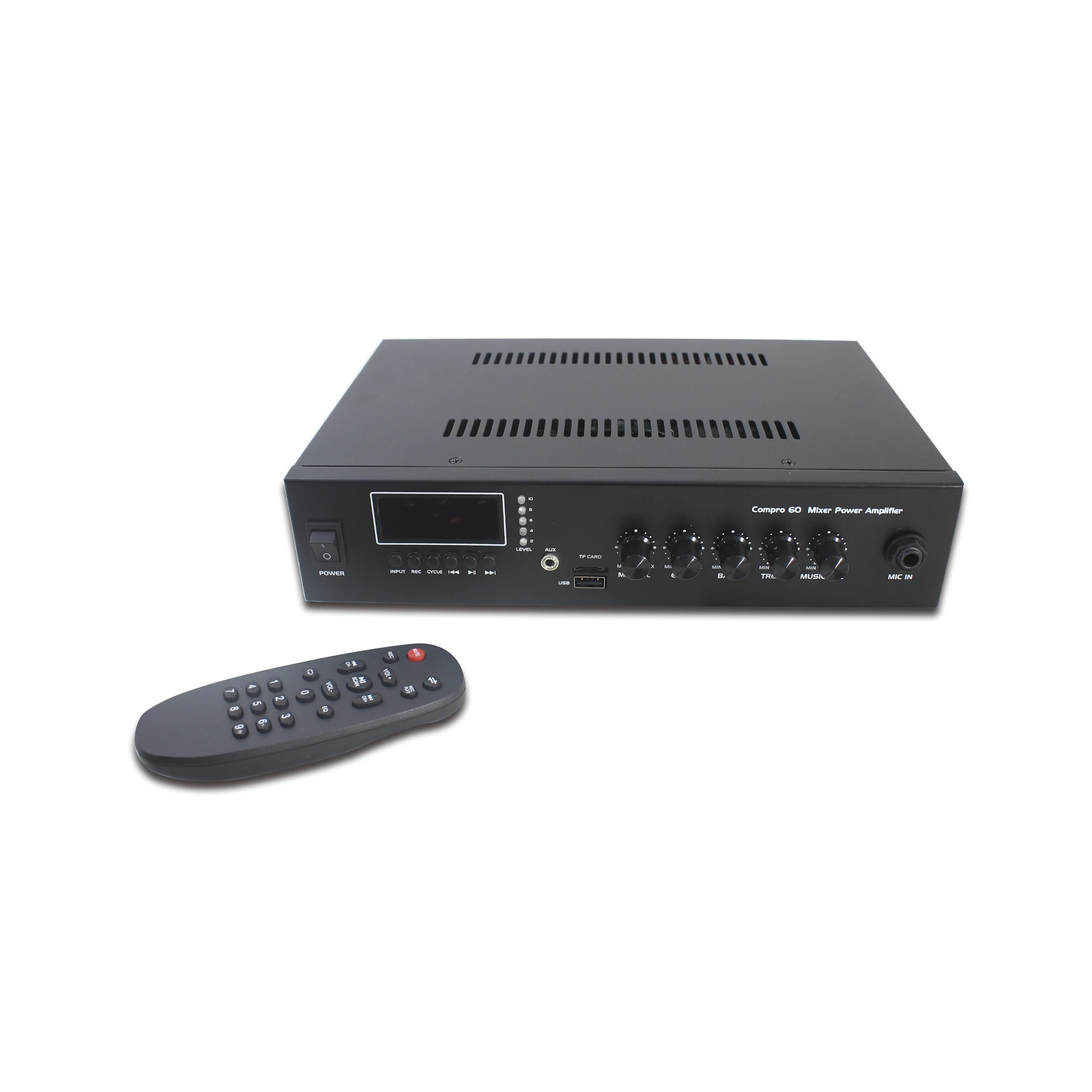 

PA system Compro 60W, 100V, 70V line and 4 ohm Mixer Amplifier for public address (PA) with bluetooth and USB input