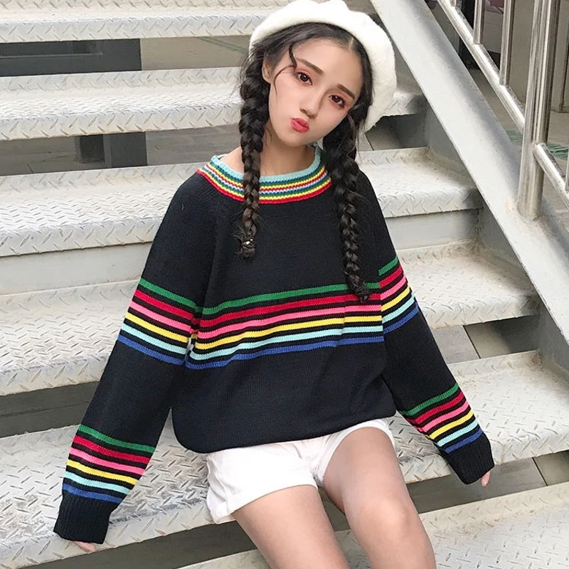 Rainbow Colour Stripe Stitching Long Sleeve Sweater Female Korean New Retro Knitted Women Student Outerwear Trend | Женская одежда