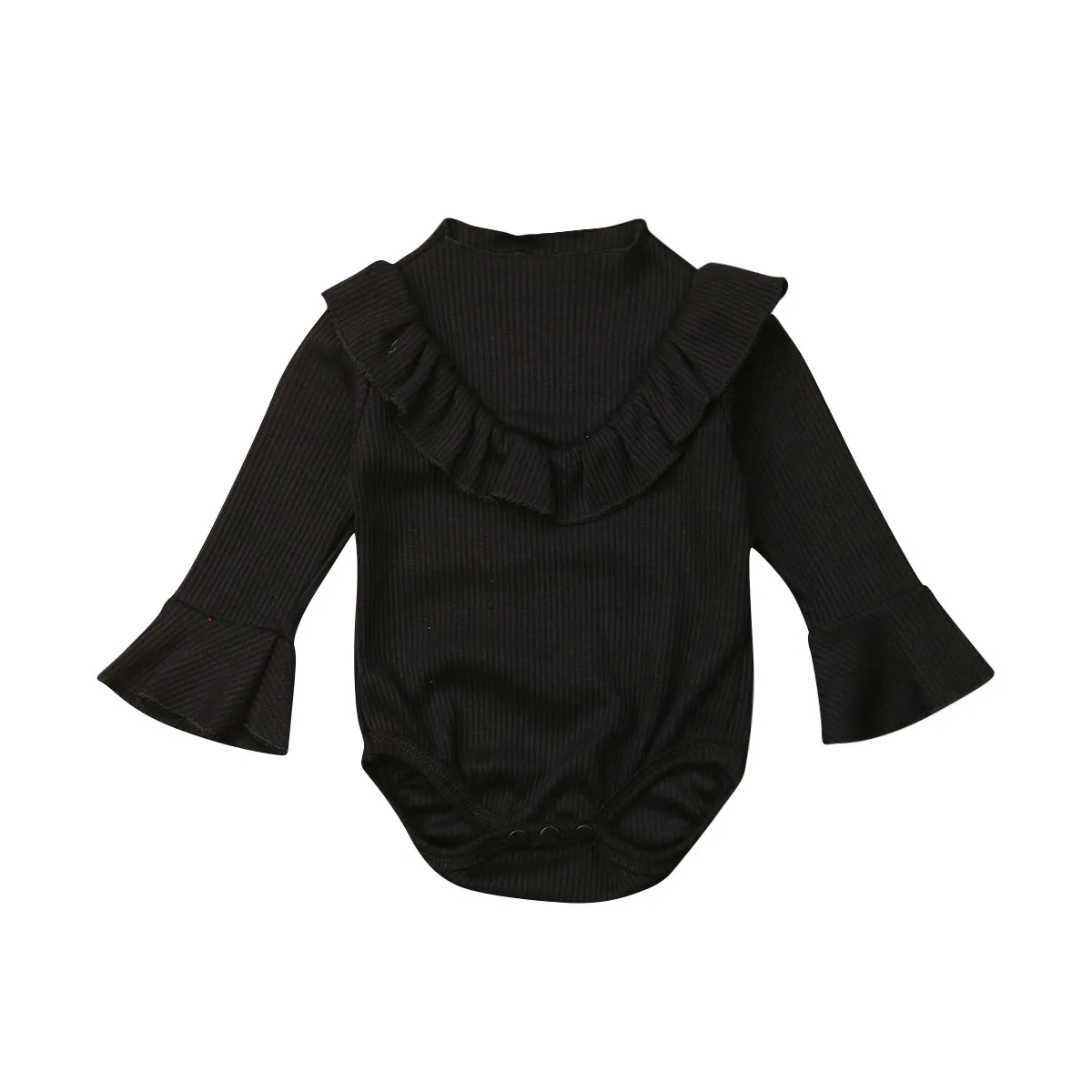 Коллекция года, весенне-осенняя одежда для малышей комбинезон в рубчик для новорожденных мальчиков и девочек, боди с расклешенными длинными рукавами, одежда Твердые наряды на возраст от 0 до 18 месяцев - Color: Black