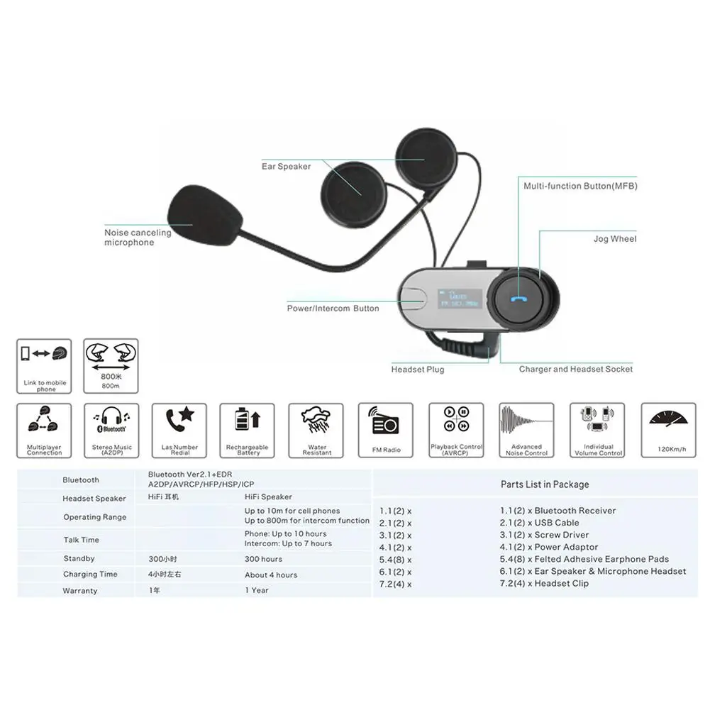 Мотоциклетный шлем Bluetooth гарнитура водонепроницаемый дисплей FM автоматически отвечает на 800 м в режиме реального времени домофон