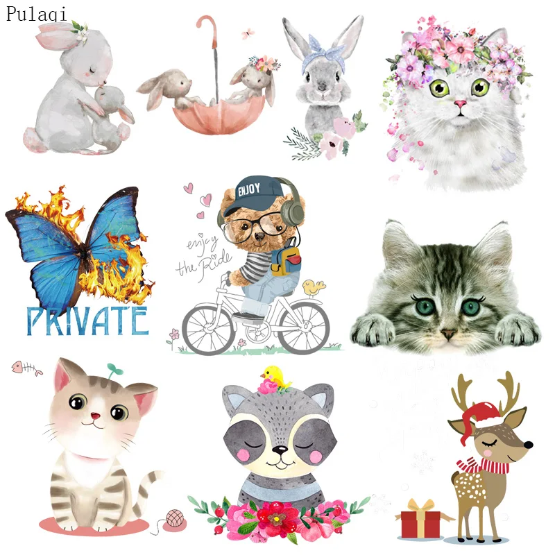 

Pulaqi Rabbit Butterfly Patch Iron on Transfer Thermal Sticker On Clothes Cartoon Patch Heat Transfer Vinyl Applique Washable