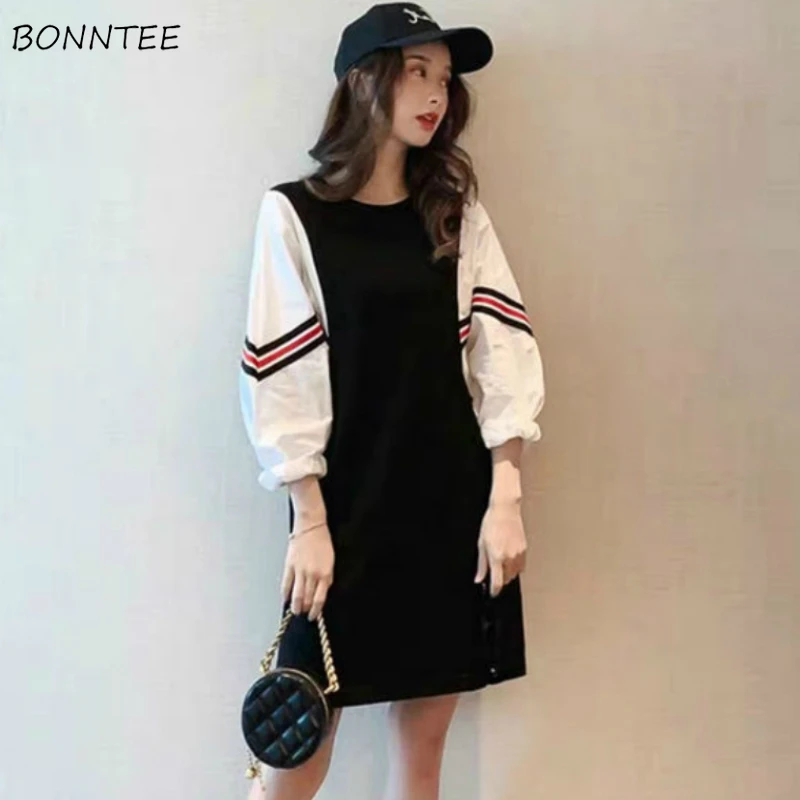 Dresses Womens Spring Autumn Patchwork Fake Two Pieces Batwing O-Neck Long Sleeve Chic Elegant Feminine Fashion Leisure 2020 New sun dresses