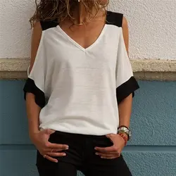 Прямая поставка, летняя женская футболка, новая модная Сексуальная футболка с открытыми плечами и v-образным вырезом, женская черная белая