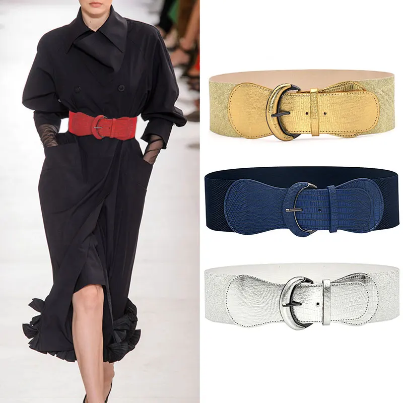 Fashion Silver Blue Gold Women Wide Elastic Waist Belt Dress Belt  Accessories Stretch Elastic Wide Corset Waist Metal Buckle