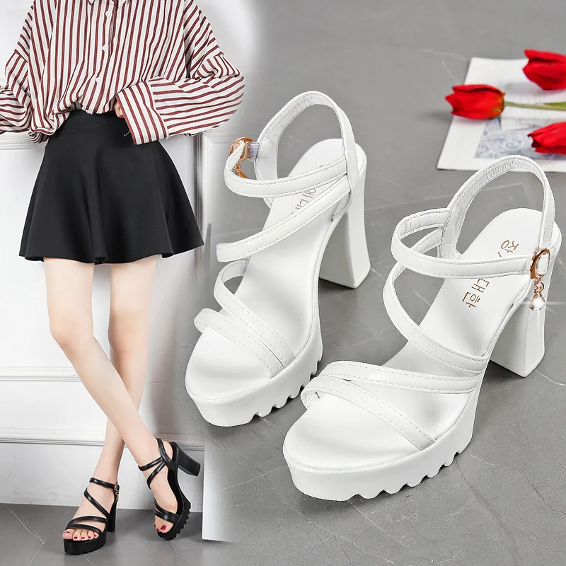 

2021 summer new thick-heeled Sponge Cake thick-soled High Sandals Korean version of the fish mouth rhinestone heels sandal women