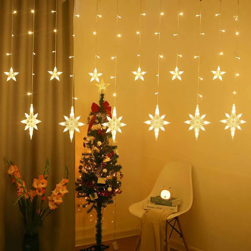 

EU Powered Big And Small Star Shaped LED Curtain Light For Home Decorative Fairy Garland for Christmas Wedding Party Decoration