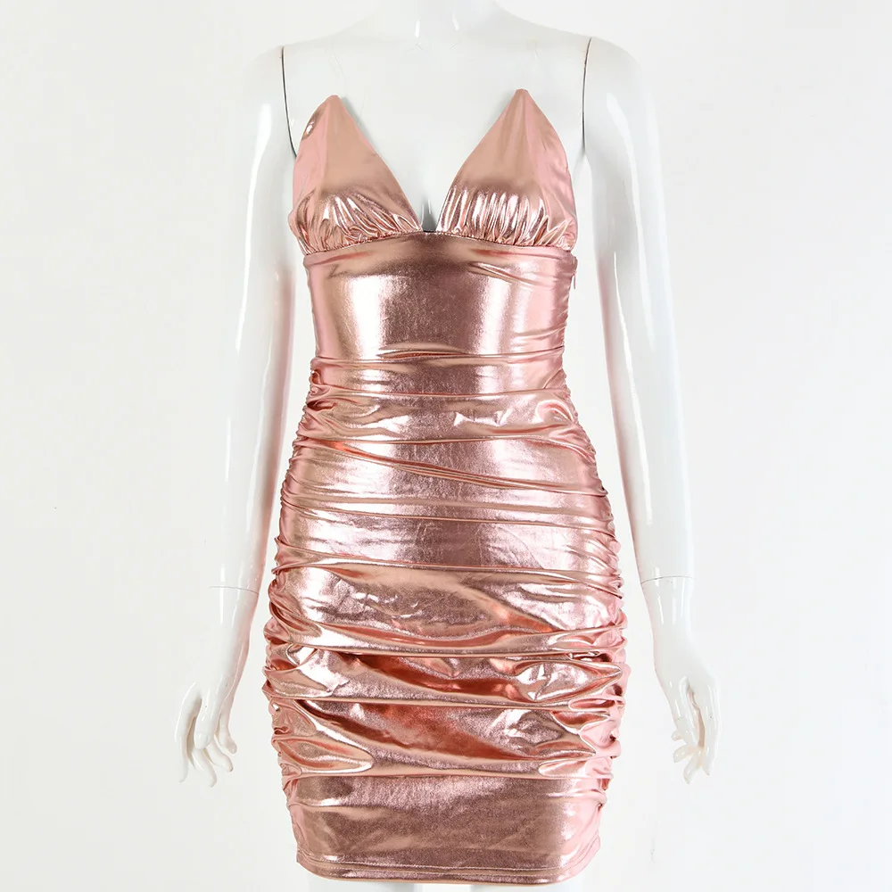 Sexy Spaghetti Strap V Neck Backless Women Party Dress Reflective Pleated Female Clubwear Mini Bodycon Dresses