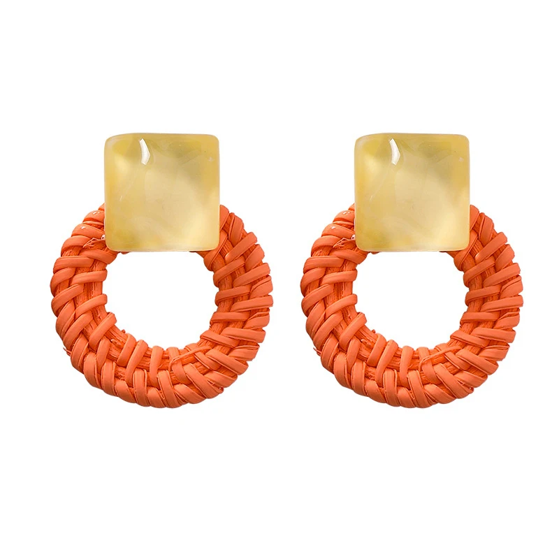 

Fashion Bohemian Style Drop Earrings Round Straw Woven Earrings For Women Geometric Square Acrylic Pendant Statement Jewelry