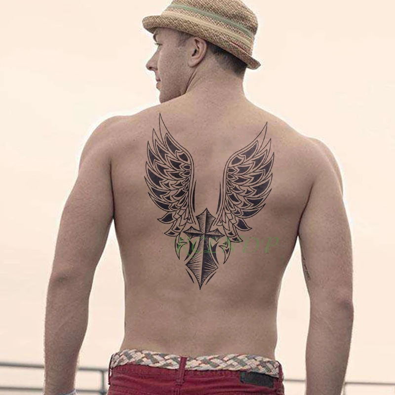 Водостойкая временная татуировка наклейка крест крыло Ангел вся задняя Татуировка большие тату флэш-тату поддельные татуировки для мужчин, женщин, девочек