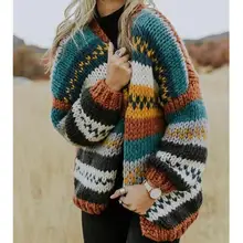 Осенний свитер, Свободный корейский длинный рукав, v-образный вырез, вязаный полосатый свитер, кардиганы, открытая стежка, женский джемпер, Pull Femme