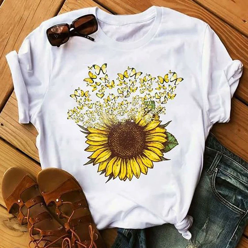 TOTOD Women Cute Sunflower T Shirts Summer Funny Floral Short Sleeve Graphic Cotton Tees Tops