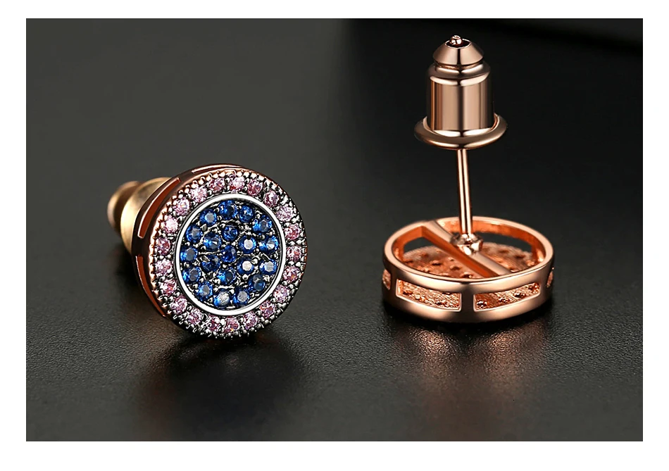 JINSE Punk Blue Cubic Zirconia Men's Stud Earrings Round Geometric Multicolor Charm CZ Stone Iced Earrings Hip Hop Jewelry Gift