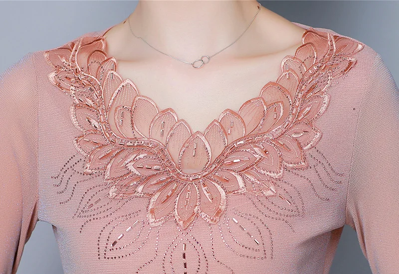 Poleras mujer de moda осенние сетчатые топы с длинными рукавами модные повседневные однотонные кружевные рубашки больших размеров женские топы и рубашки