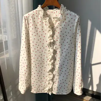 

2020 New Sweet Print Women's Shirt Cotton Lace Long Sleeve Blouse With Buttons