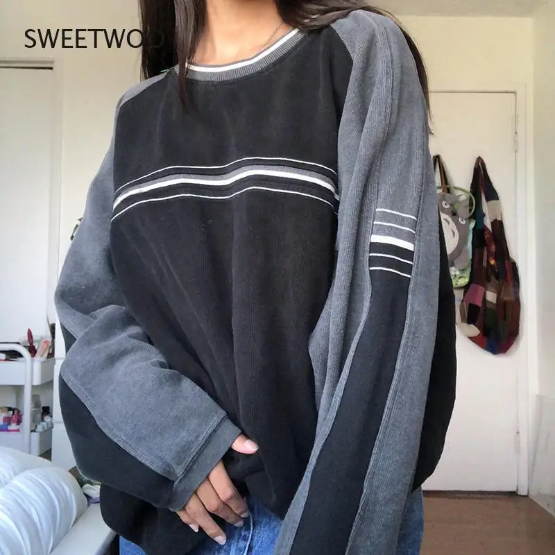 

Fall/winter Women's Striped Print Patchwork Oversized Sweatshirt Dark Academic Loose Casual Pullover College Style Pullover