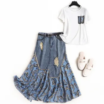 

2020 Summer New Top and Skirt 2 Piece Set Women High Fashion Designers Beading Chiffon Blouse+Midi Denim Skirt Suit Twinset Lady
