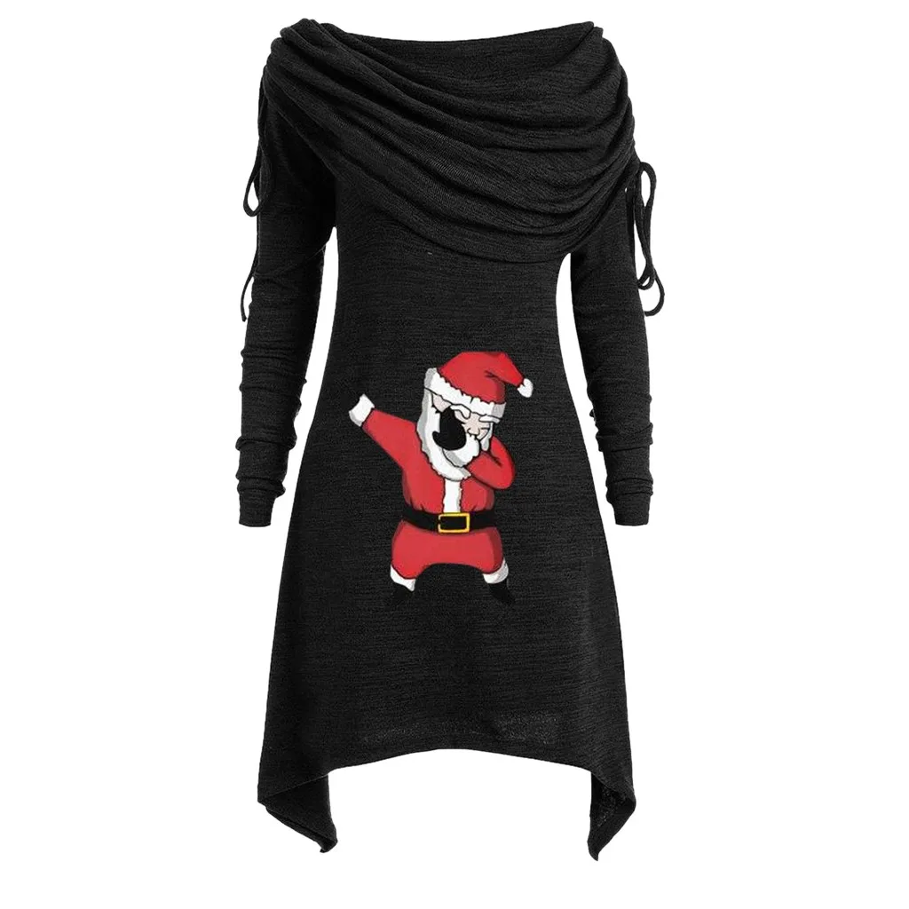 Bluza damsk/Рождественская одежда размера плюс, женские толстовки с капюшоном, с принтом Санта Клауса, с рюшами, с откидным воротником, туника, длинная, moletom