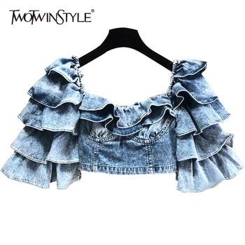 

TWOTWINSTYLE Patchwork Ruffle Sexy Denim Blouse For Women Square Collar Flare Sleeve Blouses Female 2020 Summer New Clothing