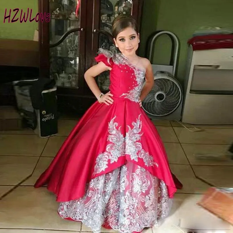 Ярко-розовые пышные платья для девочек, многослойное платье на одно плечо с блестками и кружевной аппликацией, Детские вечерние платья
