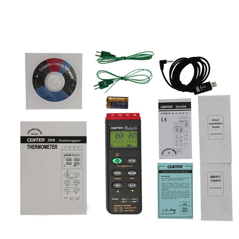 CENTER 309 Thermometer New K Type/Four Channels/Datalogger/PC Interface 