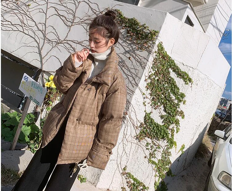 YNZZU Harajuku зимняя женская парка винтажная клетчатая утепленная женская куртка свободного кроя уличная A1303