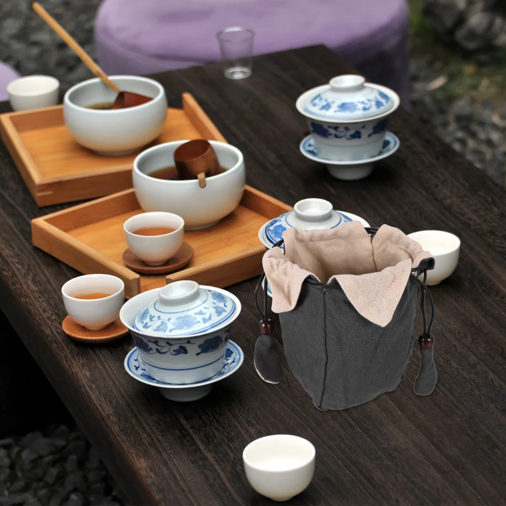Portable Cotton Linen Teapot Bag Tea Set Storage Bag Travel Pouch Teaware Kitchen Dining Bar Accessories Wooden Beads Simple