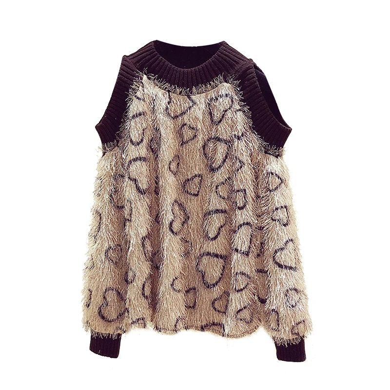 Autumn Winter Sex Off Shoulder Sweater Women Loose Knitted Shirt Korean Exposed Shoulder Fashion Leopard Tassel Jumper Sweaters