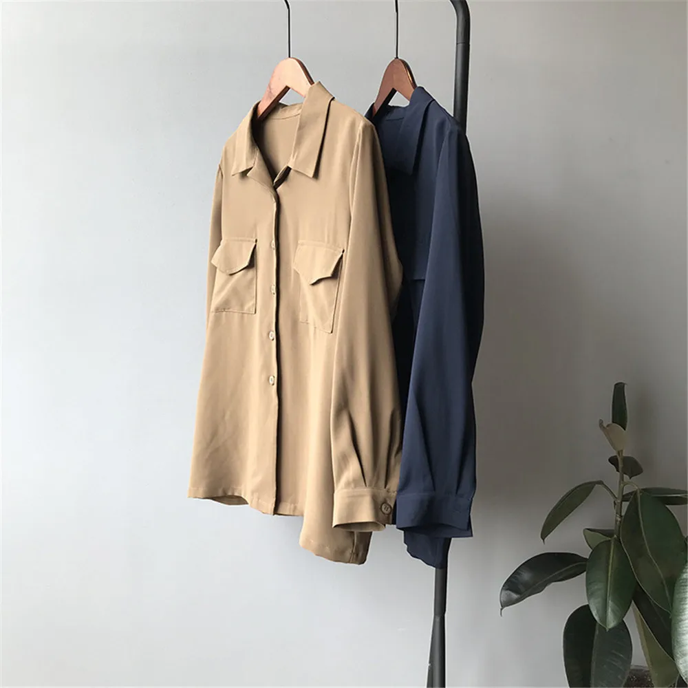 Autumn Solid Women Blouse 2019 Casual Lapel Double Pockets Blouse Shirt Flannel Shirts Female Long Sleeve Tops Y0576 (14)