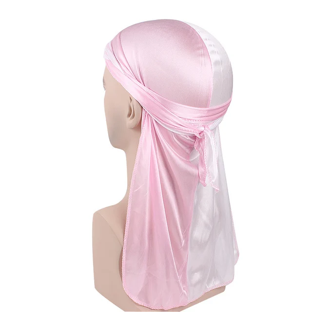 Men's Silky Durags Bandanas Turban hat Wigs Doo Men Satin Durag Biker Headwear Headband Hair Accessories Extra Long Tail Du-Rag Adult  Pink white