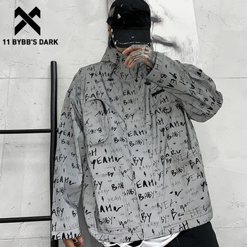 

11 BYBB'S DARK Reflective Letter Print Hooded Jackets Streetwear Casual Patchwork Pocket Tops Harajuku Hip Hop Male Cargo Coats