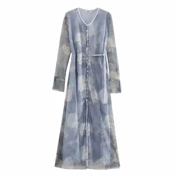 

women full sleeve floral print dress front buttons side belt ladies fashion ZA draped maxi dresses female mesh office vestidos