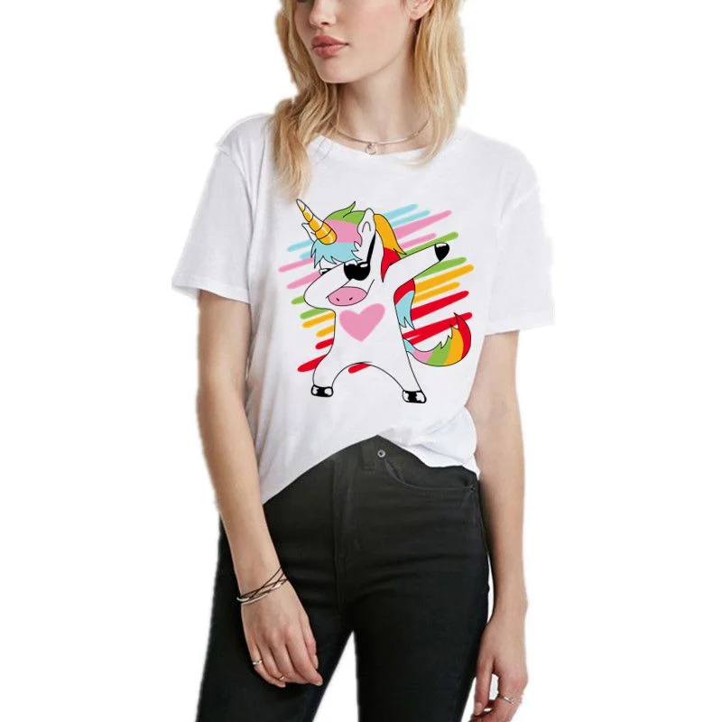 

2019 Funny Unicorn Print Women t shirt Short Sleeve t-shirts O-Neck Tops Plus Size White casual Hip Hop tshirts round Neck