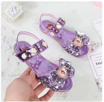 

Elsa Princess Kids Leather Sandals For Girls Flower Casual Glitter Children Flat Heel Girls Shoes Knot Blue Pink Silver Sandals