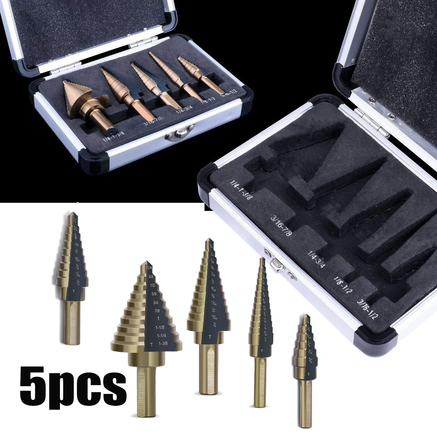  5pcs Titanium Step Drill Bit Tool Set 50 Sizes High Speed Steel Step Cutter Drill Bit Set Tool Hole