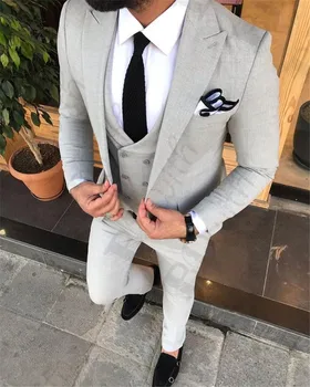 

Men's Business Casual Costume Suits Grey Peak Lapel 3 Pieces Men clothes Set Wedding Groom Party Suits Tuxedos Male Terno