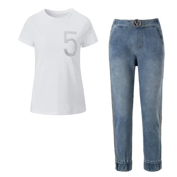 

Number Hot Drilling T Shirt Gold Wire Line Torre Pants Suit Female