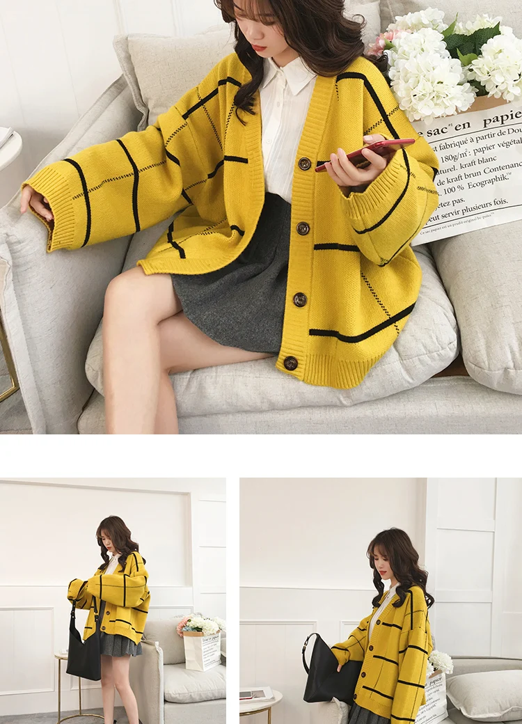 Кардиган с узором для женщин желтый свитер черный молодой моды V шеи короткий вязаный Свободный корейский стиль Студенческая Harajuku модная куртка