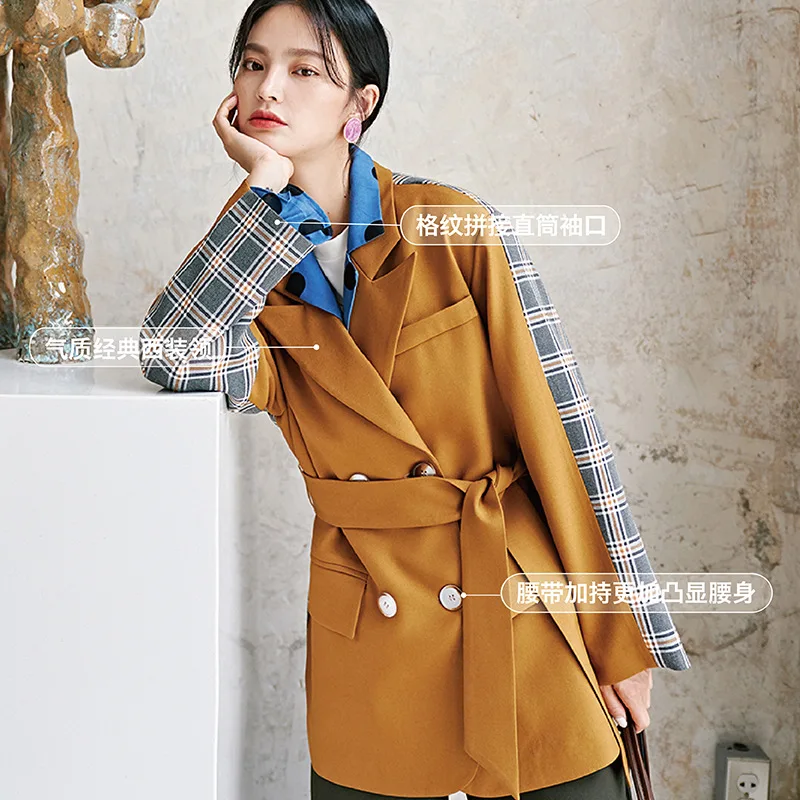 

S5433 Autumn New Style WOMEN'S Dress Korean-style Non-mainstream Loose-Fit Slimming Plaid Stitching Suit Jacket Women's