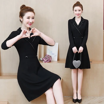 

L-5XL S-4XL High Waist Black Slim Fit V-Neck Midi Dresse 2020 Spring Solid Long Sleeve Dress Elegant Women NaturalParty Vestido
