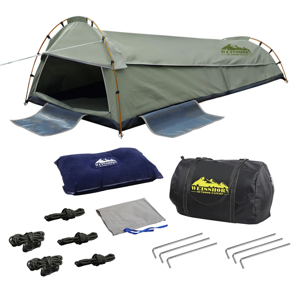 

Outdoor King Single Swag Camping Swag Canvas Tent Celadon Waterproof UV Protection 1 Person 210x90cm Hiking Tent AU Warehouse