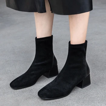 

Women's genuine suede leather slip-on low heel ankle boots med heel comfrotable autumn short booties high quality boots shoes