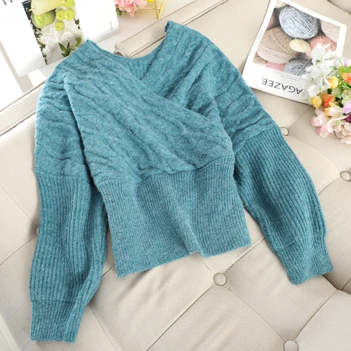 light blue Neploe, Ретро стиль, твист, ВЯЗАННЫЙ ПУЛОВЕР, свитер, женский, v-образный вырез, длинный рукав, Одноцветный, для осени и зимы, одежда, толстая, теплая, Sueter 48377 - Цвет: light blue