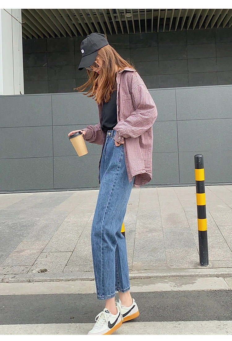 syiwidii high waist jeans woman 2020 new casual fashion skyblue Harem Pants street style women street style Spliced mom jeans
