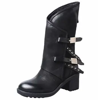 

Black Gray Retro 100% Real Leather 65 mm Square Heels Buckles V-shape Round Toe Zip Mid-calf Boots Winter Platform Short Booties