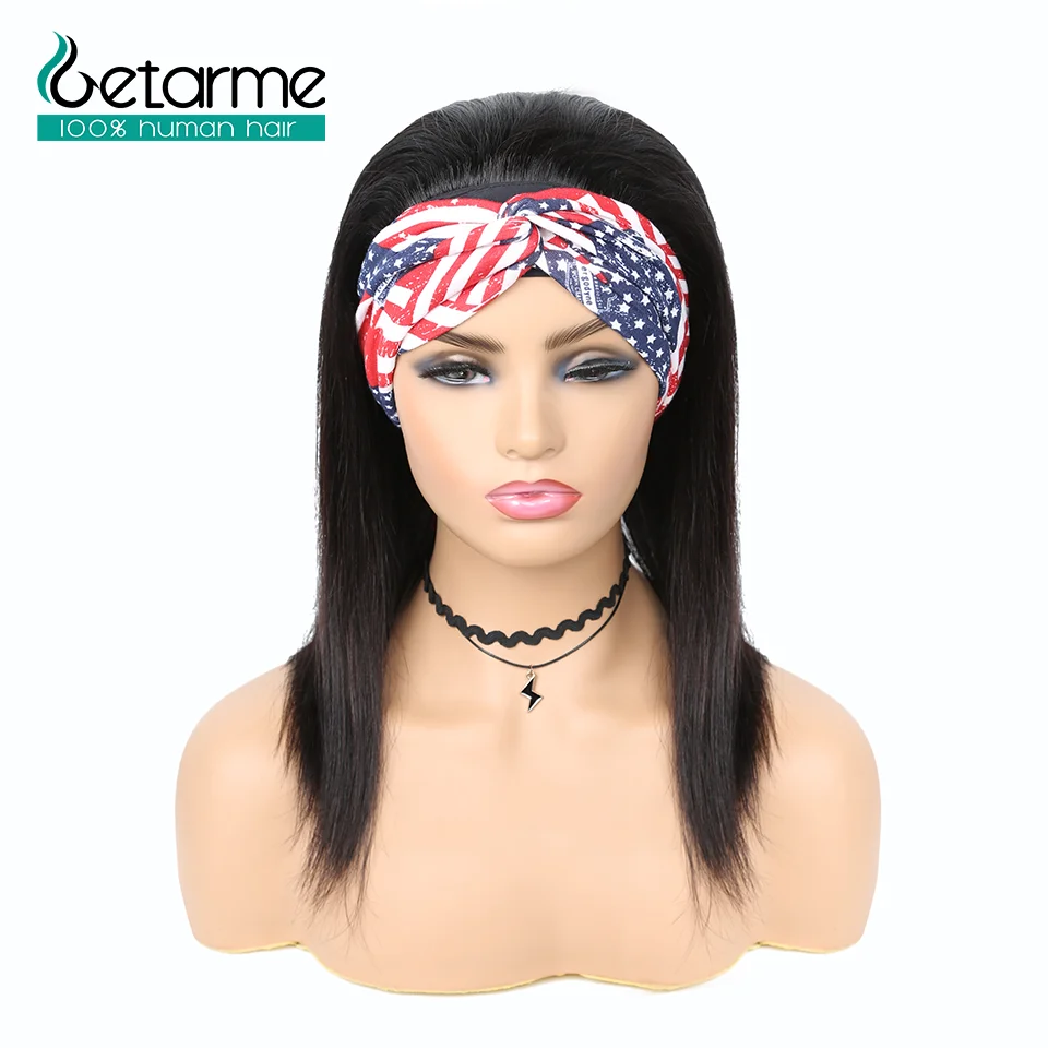 

BOB Straight Headband Wigs With Human Hair Pre-Attached Scarf Machine Made Wigs Brizilian Scarf Wig Ice Silk Headband Half Wig