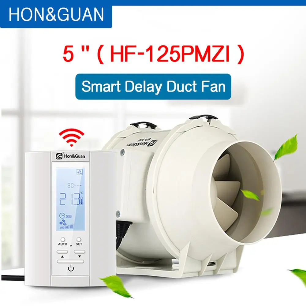 220V 5'' Smart Inline Duct Fan with Sensor Controller & Timer Setting Powerful Air Extractor Bathroom Ventilation Exhaust Outlet