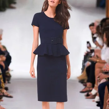 

Gedivoen Summer Solid Wear Work Long Dress Women O Neck Patchwork Ruffles Split Dress Fashion Designer Midi Straight Dresses