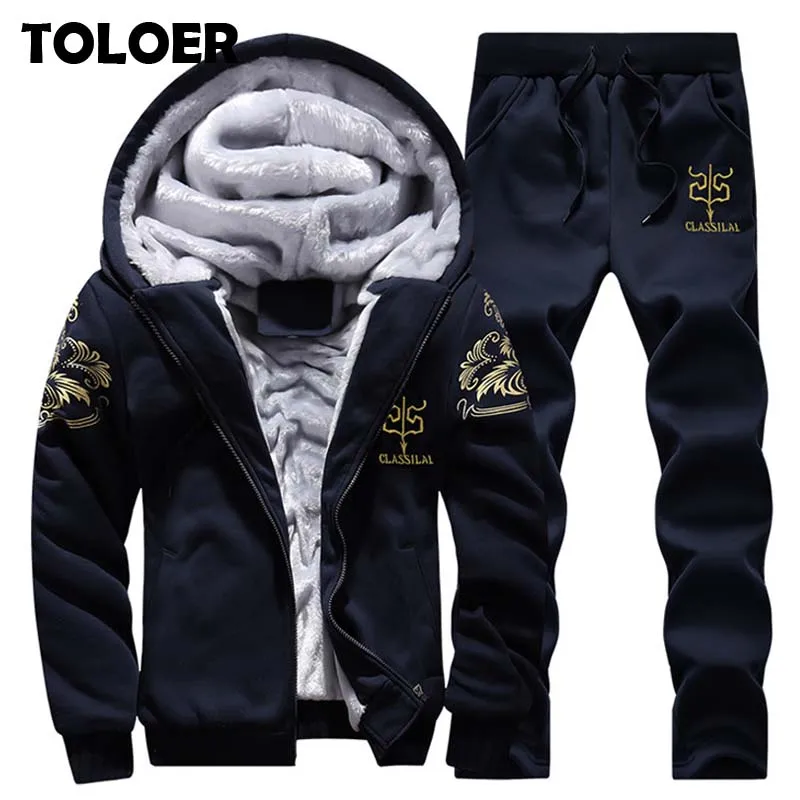 

Winter Hooded Men 2019 Casual Warm Mens Hoodies Pant Set Sweatshirts Thick Jacket Male Embroidery Designer Moleton Masculino